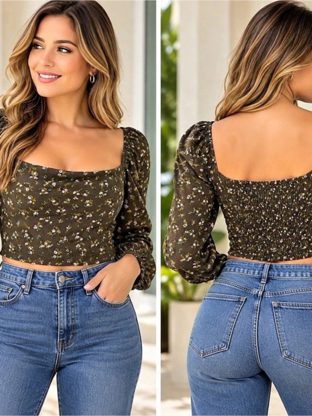 QIANRT Floral Smocked Crop Top in Brown NWT